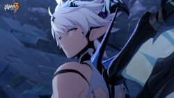 Rule 34 | 1boy, ahoge, bare shoulders, closed mouth, diabolic kevin (honkai impact), eyebrows hidden by hair, highres, honkai (series), honkai impact 3rd, horns, kevin kaslana, logo, looking at viewer, looking back, male focus, official art, official wallpaper, pointy ears, serious, solo, star (symbol), upper body