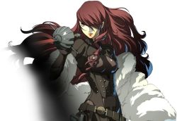 Rule 34 | 1girl, aged up, atlus, bodysuit, framed breasts, hair over one eye, jpeg artifacts, kirijou mitsuru, lipstick, long hair, makeup, official art, persona, persona 3, persona 4: the ultimate in mayonaka arena, rapier, red eyes, red hair, soejima shigenori, solo, sword, transparent background, weapon