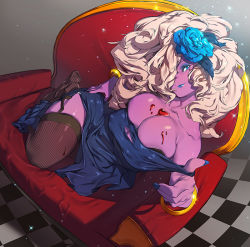 Rule 34 | 1girl, alcohol, bangle, bare shoulders, big hair, black thighhighs, blonde hair, blue eyes, blue lips, bracelet, breasts, bust cup, chair, checkered floor, cleavage, colored skin, couch, covered erect nipples, dress, dungeon and fighter, eureka brider, eyeshadow, fishnet thighhighs, fishnets, flower, from above, full body, garter straps, hair flower, hair ornament, hair over one eye, jewelry, large breasts, lipstick, long hair, looking at viewer, makeup, nail polish, no shoes, purple skin, sharan (dungeon and fighter), side slit, solo, strap pull, strap slip, thighhighs, thighs, wine