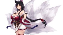 Rule 34 | 1girl, ahri (league of legends), animal ears, black hair, blush, bracelet, braid, breasts, cait aron, cleavage, closed mouth, facial mark, fingernails, fox ears, fox tail, highres, jewelry, large breasts, league of legends, long hair, long sleeves, looking at viewer, nail polish, red nails, sharp fingernails, simple background, single braid, smile, solo, standing, tail, thigh strap, whisker markings, white background, wide sleeves, yellow eyes
