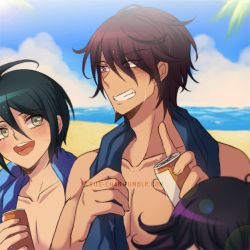 Rule 34 | 3boys, :d, alternate costume, alternate hairstyle, beach, black hair, blue towel, blush, brown eyes, brown hair, can, cloud, commentary, criis-chan, danganronpa (series), day, facial hair, goatee, green eyes, grin, holding, holding can, male focus, momota kaito, multiple boys, danganronpa v3: killing harmony, ocean, open mouth, oma kokichi, out of frame, outdoors, palm leaf, pectorals, saihara shuichi, short hair, smile, towel, towel around neck, upper body, wet, wet hair
