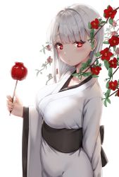 Rule 34 | 1girl, blush, breasts, camellia, candy apple, closed mouth, flower, food, from side, hand up, highres, holding, japanese clothes, kimono, large breasts, long hair, looking at viewer, obi, original, red eyes, red flower, reinama, sash, silver hair, simple background, solo, tsurime, upper body, white background, white kimono