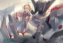 Rule 34 | 1girl, alternate costume, armor, banner, blonde hair, clarent (fate), commentary request, fate/grand order, fate (series), five star stories, glowing, glowing eyes, green eyes, hand on hilt, hand on own hip, highres, isegawa yasutaka, long sleeves, mecha, mordred (fate), mordred (fate/apocrypha), petals, ponytail, red scrunchie, robot, scrunchie, smile, standing