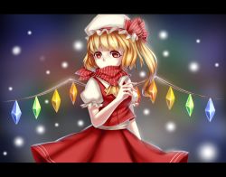 Rule 34 | 1girl, arm at side, ascot, asymmetrical hair, bad id, bad pixiv id, blonde hair, blurry, blurry background, buttons, covered mouth, cowboy shot, crystal, demon wings, dress, endwhite, flandre scarlet, hand up, hat, letterboxed, long hair, looking to the side, mob cap, puffy short sleeves, puffy sleeves, red dress, red eyes, red skirt, red vest, scarf, shirt, short hair, short sleeves, side ponytail, skirt, snow, solo, striped clothes, striped scarf, tareme, touhou, vampire, vest, white hat, white shirt, wings