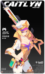 Rule 34 | 1girl, artist name, belt, beret, black background, blonde hair, bob cut, breasts, caitlyn (league of legends), character name, choker, cleavage, closed mouth, gloves, gun, hat, holding, holding gun, holding weapon, jacket, league of legends, lenn sparrow, leotard, looking at viewer, medium hair, pants, purple eyes, rifle, sniper rifle, solo, weapon, white choker, white hat, white jacket, white pants, yellow gloves, yellow leotard