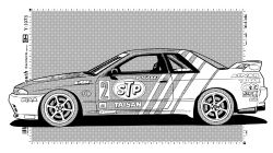 Rule 34 | car, from side, greyscale, headlight, highres, monochrome, motor vehicle, nissan, nissan gt-r, nissan skyline, nissan skyline gt-r, nissan skyline r32, no humans, original, solo, spoiler (automobile), vehicle focus, wheel, yuh 7929