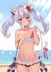 Rule 34 | 1girl, absurdres, animal ears, azur lane, bare shoulders, beach, bikini, blue eyes, blush, breasts, cat ears, cat tail, collarbone, commentary request, covering privates, covering breasts, cowboy shot, day, flower, frilled bikini, frills, frown, gluteal fold, hair flower, hair ornament, hammann (azur lane), hammann (rebellious summer) (azur lane), highres, izumo neru, looking at viewer, medium hair, navel, ocean, outdoors, ribbon, small breasts, solo, standing, stomach, strap slip, swimsuit, tail, tail ornament, tail ribbon, tan, tanline, thigh gap, twintails, water, water drop, white hair