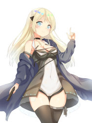 Rule 34 | 1girl, absurdres, armpit peek, bad id, bad pixiv id, black thighhighs, blonde hair, blue eyes, blush, braid, breasts, cameltoe, choker, cleavage, coat, collarbone, covered navel, cowboy shot, crossed legs, daewoo k5, dated, dress, girls&#039; frontline, grey coat, gun, hair ornament, handgun, head tilt, highres, holding, holding gun, holding weapon, index finger raised, k5 (weapon), leotard, light particles, long hair, looking at viewer, medium breasts, off shoulder, open clothes, open coat, open dress, pouch, see-through, sidelocks, skindentation, smile, solo, strap, swept bangs, thigh strap, thighhighs, thighs, trigger discipline, watson cross, weapon, white leotard, xue lu