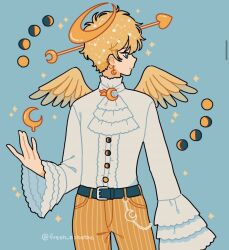 Rule 34 | 1boy, angel, angel wings, arrow (projectile), arrow in body, arrow in head, ascot, belt, belt chain, blonde hair, blue background, blue belt, blue eyes, constellation, crescent, crescent earrings, crescent halo, crescent moon, crescent pin, earrings, emily kim, frilled ascot, frilled sleeves, frills, halo, heart, heart arrow, highres, jewelry, looking to the side, male focus, moon, moon phases, object through head, original, pants, pinstripe pants, pinstripe pattern, shirt, simple wings, solo, sparkle, twitter username, white ascot, white shirt, wide sleeves, wings, yellow halo, yellow pants, yellow wings