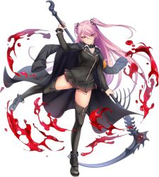Rule 34 | 1girl, alternate costume, artist request, breasts, cleavage, collaboration, felicia (taimanin kurenai), highres, holding, holding weapon, jumping, lilith-soft, long hair, looking at viewer, medium breasts, miniskirt, mist train girls, official alternate costume, official art, pink hair, ponytail, red eyes, ribbon, scythe, skirt, small breasts, solo, taimanin (series), taimanin kurenai, transparent background, twintails, very long hair, weapon, wide hips