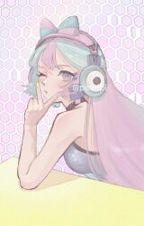 Rule 34 | 1girl, alternate hairstyle, bare shoulders, blue hair, blue nails, bow-shaped hair, creatures (company), eyelashes, game freak, headphones, highres, iono (pokemon), long hair, nintendo, one eye closed, pink eyes, pink hair, pitari, pokemon, pokemon sv, sleeveless, solo, twitter username, upper body, v, v over mouth, yellow nails
