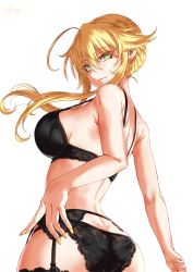 Rule 34 | 1girl, ahoge, artoria pendragon (fate), artoria pendragon (lancer) (fate), ass, back, bare shoulders, black bra, black panties, blonde hair, blush, bra, braid, breasts, closed mouth, commentary request, eyelashes, fate/grand order, fate (series), french braid, garter belt, green eyes, hair between eyes, highres, hip focus, lace, lace-trimmed panties, lace trim, large breasts, lingerie, long hair, looking at viewer, looking back, nail polish, panties, sakiyamama, sidelocks, signature, simple background, smile, solo, underwear, white background, yellow nails