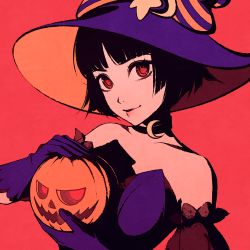 Rule 34 | 1girl, alternate costume, bare shoulders, black hair, blue gloves, blunt bangs, choker, costume, crescent moon, female focus, gloves, halloween, halloween costume, hat, holding pumpkin, holding vegetable, jack-o&#039;-lantern, looking at viewer, moon, moshimoshibe, niijima makoto, persona, persona 5, pumpkin, red background, red eyes, short hair, simple background, smile, solo, upper body, witch hat