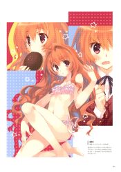 1girl absurdres aisaka_taiga alternate_eye_color alternate_hair_color bikini breasts eating highres mitsumi_misato multiple_views navel oohashi_high_school_uniform orange_hair petite pink_bikini pink_eyes scan scan_artifacts school_uniform small_breasts swimsuit toradora!