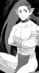 Rule 34 | 1boy, abs, animal ear request, armband, bara, collar, crossed arms, expressionless, feet out of frame, greyscale, highres, leg up, looking at viewer, machida machi, male focus, monochrome, navel, navel hair, nipples, no nipples, original, pectorals, pelvic curtain, short hair, sideburns, solo, thick eyebrows, toned, toned male, topless male, wings