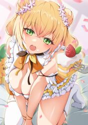 Rule 34 | 1girl, :o, absurdres, asymmetrical legwear, between legs, blonde hair, blush, bow, breasts, breasts squeezed together, cake, cake slice, cleavage, commentary request, cream, cream on face, dress, fed by viewer, flower, food, food on face, fork, frilled dress, frills, from above, fruit, gradient hair, green eyes, hair flower, hair ornament, hand between legs, highres, hololive, iikiroro, kneeling, large breasts, looking at viewer, medium hair, momosuzu nene, multicolored hair, nekko (momosuzu nene), open mouth, orange bow, orange dress, pov, single sock, single thighhigh, socks, solo, strawberry, strawberry shortcake, thighhighs, two side up, uneven legwear, v arms, virtual youtuber, white socks, white thighhighs