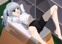 Rule 34 | 1girl, 1other, arms behind head, artist name, barefoot, bike shorts, black shorts, breasts, brown eyes, character name, grey hair, gym shirt, gym uniform, high-waist shorts, inaba shiki, kantai collection, kasumi (kancolle), long hair, lying, open mouth, shirt, shorts, side ponytail, silhouette, small breasts, spread legs, t-shirt, vaulting horse, white shirt