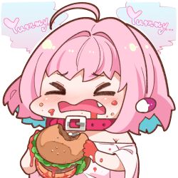 Rule 34 | &gt; &lt;, ..., 1girl, ahoge, blue background, blush, breasts, burger, chibi, closed eyes, collar, earrings, english text, fang, food, food on face, furrowed brow, hair intakes, heart, holding, holding food, idolmaster, idolmaster cinderella girls, jewelry, ketchup, large breasts, lettuce, messy, multicolored hair, off-shoulder shirt, off shoulder, open mouth, pill earrings, pink collar, pink hair, shirt, short hair, short sleeves, simple background, solo, t-shirt, takato kurosuke, two-tone hair, upper body, white background, yumemi riamu