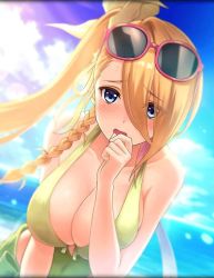 Rule 34 | 1girl, artist request, bent over, blonde hair, blue eyes, blush, braid, breasts, cleavage, day, eyewear on head, green one-piece swimsuit, hair ornament, hand to own mouth, large breasts, long hair, looking at viewer, ocean, official art, one-piece swimsuit, open mouth, phantom of the kill, ponytail, shinobi nightmare, sky, solo, sunglasses, swimsuit