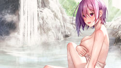 Rule 34 | 1girl, :d, artist request, artwhirl mahou gakuen no otome-tachi, asymmetrical hair, bare legs, bare shoulders, blush, breasts, cleavage, covering privates, covering one breast, game cg, hair between eyes, hilda (artwhirl), large breasts, long hair, mana (remana), naked towel, onsen, open mouth, outdoors, pink hair, red eyes, shiny skin, sitting, smile, solo, sunlight, towel