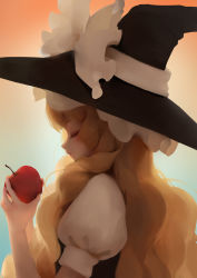 Rule 34 | 1girl, absurdres, apple, big hair, bing bing, black hat, blonde hair, bow, closed eyes, eyelashes, food, from side, fruit, gradient background, hair over one eye, hat, hat bow, highres, holding, holding food, holding fruit, kirisame marisa, long hair, parted lips, profile, puffy short sleeves, puffy sleeves, short sleeves, solo, touhou, two-handed, upper body, white bow, witch hat