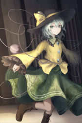 Rule 34 | 1girl, black hat, blouse, boots, brown footwear, buttons, closed mouth, commentary, diamond button, floral print, foot out of frame, frilled shirt collar, frilled sleeves, frills, green eyes, green hair, green skirt, hair between eyes, hat, hat ribbon, highres, komeiji koishi, light smile, long sleeves, looking at viewer, medium hair, moose (moosu193), ribbon, rose print, shirt, skirt, sleeves past wrists, solo, standing, standing on one leg, third eye, touhou, wide sleeves, yellow ribbon, yellow shirt