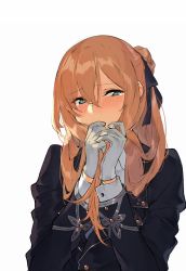 Rule 34 | 1girl, black ribbon, blazer, blush, braid, brown hair, commentary request, covering face, crying, cuffs, duoyuanjun, eyebrows, girls&#039; frontline, gloves, green eyes, hair between eyes, hair bun, hair ribbon, happy, happy tears, head tilt, highres, holding, holding hair, jacket, long hair, long sleeves, looking at viewer, nose blush, personification, ribbon, simple background, single hair bun, smile, solo, springfield (girls&#039; frontline), tears, upper body, white background, white gloves, wrist cuffs