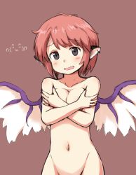Rule 34 | 1girl, animal ears, bird ears, bird wings, blush, breasts, brown background, cleavage, collarbone, completely nude, covering breasts, covering privates, earrings, grey eyes, groin, jewelry, large breasts, mystia lorelei, nail polish, navel, nude, open mouth, phantom2071, pink hair, purple nails, short hair, simple background, single earring, solo, touhou, upper body, white wings, wings