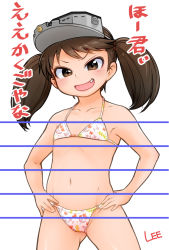 Rule 34 | 1girl, alternate costume, artist name, bikini, brown eyes, brown hair, commentary request, cowboy shot, fang, flat chest, floral print, hands on own hips, kantai collection, lee (colt), looking at viewer, split depth, ryuujou (kancolle), simple background, solo, swimsuit, translation request, twintails, v-shaped eyebrows, visor cap, white background, white bikini