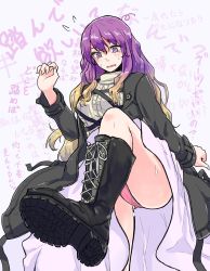 Rule 34 | 1girl, ^^^, bad id, bad twitter id, black footwear, blonde hair, boots, commentary request, cross-laced footwear, gradient hair, highres, hijiri byakuren, hineko, jacket, lace-up boots, leg up, long hair, long sleeves, looking at viewer, mole, mole under eye, multicolored hair, panties, pantyshot, pink panties, purple eyes, purple hair, ribbed sweater, solo, standing, sweat, sweater, text background, touhou, translation request, turtleneck, turtleneck sweater, underwear, white background, white sweater