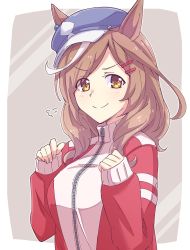 Rule 34 | &gt;:), 1girl, animal ears, blue hat, blush, breasts, brown eyes, brown hair, cabbie hat, closed mouth, e20, grey background, hair ornament, hairclip, hands up, hat, horse ears, jacket, long hair, long sleeves, looking at viewer, matikane tannhauser (umamusume), medium breasts, multicolored hair, outside border, red jacket, sleeves past wrists, smile, smug, solo, streaked hair, swept bangs, tilted headwear, track jacket, two-tone background, umamusume, upper body, v-shaped eyebrows, white background, white hair