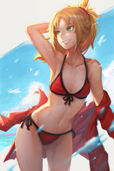 Rule 34 | 1girl, arm behind head, armpits, bare shoulders, bikini, bird, blonde hair, blue sky, braid, breasts, cloud, collarbone, day, fate/apocrypha, fate/grand order, fate (series), green eyes, hair ornament, hair scrunchie, jacket, koyorin, leaning forward, long hair, looking to the side, mordred (fate), mordred (fate) (all), mordred (fate/apocrypha), mordred (swimsuit rider) (fate), mordred (swimsuit rider) (first ascension) (fate), motion blur, navel, parted lips, ponytail, red bikini, red jacket, scrunchie, side-tie bikini bottom, sky, small breasts, smile, solo, standing, string bikini, swimsuit, teeth, water, water drop, wide hips