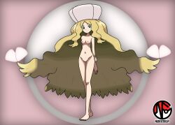 Rule 34 | 1girl, absurdres, aqua eyes, armpits, arms behind back, artist name, barefoot, big hair, blonde hair, caitlin (pokemon), cleft of venus, clenched hand, collarbone, completely nude, creatures (company), elite four, expressionless, eyebrows hidden by hair, eyelashes, feet, female focus, fingernails, full body, game freak, grabbing own arm, groin, hat, highres, legs, long hair, looking at viewer, navel, neck, nightcap, nilterguy, nintendo, nipples, nude, nude filter, official art nude filter, parted bangs, parted lips, petals, pink background, poke ball symbol, pokemon, pokemon bw, pussy, sidelocks, standing, thighs, third-party edit, toenails, toes, unworn clothes, very long hair, wavy hair