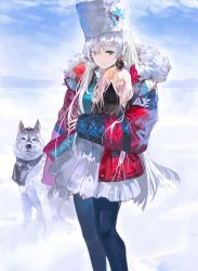 Rule 34 | 1girl, alchemaniac, anastasia (fate), anastasia (shvibzik snow) (fate), black pantyhose, blue eyes, coat, dog, fate/grand order, fate (series), fur-trimmed coat, fur trim, hat, hat ornament, highres, long hair, looking at viewer, pantyhose, red coat, silver hair, skirt, sleeves past wrists, snow, standing, white headwear, white skirt