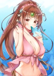 Rule 34 | 1girl, bare shoulders, bikini, blush, breasts, brown eyes, brown hair, bubble, circlet, cleavage, collarbone, commentary request, covering own mouth, fire emblem, fire emblem: mystery of the emblem, fire emblem heroes, hair ornament, hand on own shoulder, highres, in mouth, large breasts, linde (fire emblem), long hair, midriff, navel, nekolook, nintendo, pink bikini, ponytail, rope, side-tie bottom, solo, star (symbol), swimsuit, very long hair, water