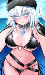 1girl absurdres bikini black_bikini black_hat black_jacket blue_eyes blue_sky blush breasts cat_girl cat_tail cleavage detached_collar dobrynya_nikitich_(fate) dobrynya_nikitich_(swimsuit_lancer)_(fate) dobrynya_nikitich_(swimsuit_lancer)_(first_ascension)_(fate) fate/grand_order fate_(series) fur-trimmed_headwear fur_trim hat highres jacket jacket_on_shoulders large_breasts long_hair looking_at_viewer mcpc_zamurai navel necktie ocean sky smile solo swimsuit tail white_hair