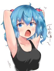 Rule 34 | 1girl, armpits, arms behind head, arms up, bare arms, bare shoulders, black tank top, blue eyes, blue hair, blush, breasts, breath, cleavage, collarbone, commentary request, hair between eyes, hair bobbles, hair ornament, highres, ibara kashipan, kawashiro nitori, looking at viewer, medium breasts, mole, mole on breast, no headwear, open mouth, partial commentary, short hair, simple background, solo, tank top, touhou, translation request, two side up, upper body, white background