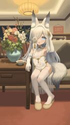 1134b-kata 1girl absurdres animal_ear_fluff animal_ears arm_up azur_lane blue_eyes breasts chair china_dress chinese_clothes dress elbow_gloves flower fox_ears fox_girl fox_tail gloves hair_over_one_eye highres indoors kasumi_(azur_lane) long_hair looking_at_viewer no_shoes sitting slippers small_breasts solo table tail thighhighs thighs unworn_footwear vase white_dress white_gloves white_hair white_thighhighs