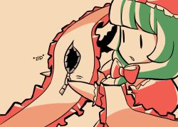 Rule 34 | 1girl, bow, commentary, dress, english commentary, english text, frilled shawl, frills, front ponytail, green hair, hair bow, kagiyama hina, medium hair, open mouth, oysterfried, red bow, red dress, shawl, short sleeves, simple background, solo, touhou, unzipping, zipper