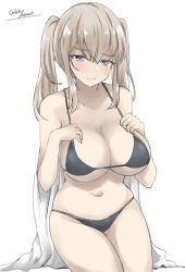 Rule 34 | 1girl, alternate costume, bikini, black bikini, breasts, cleavage, collarbone, gakky, graf zeppelin (kancolle), grey eyes, hair between eyes, highres, kantai collection, large breasts, one-hour drawing challenge, sidelocks, simple background, solo, swimsuit, towel, twintails, white background