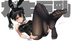 Rule 34 | 1girl, animal ears, ass, black hair, blush, breasts, cleavage, commentary request, dated, detached collar, fake animal ears, feet, foreshortening, hand on own ass, kaedeko (kaedelic), large breasts, leotard, medium hair, nail polish, original, pantyhose, playboy bunny, rabbit ears, red eyes, sasaki kanna (kaedeko), simple background, sleeve cuffs, smile, soles, solo, text background, thighs, toenail polish, toenails, toes, translation request, twintails, white background, yellow nails