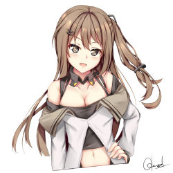 Rule 34 | 1girl, :d, absurdres, arm at side, bare shoulders, black eyes, black shirt, blush, breasts, brown hair, center opening, chrisandita, cleavage, coat, collarbone, crop top, cropped torso, detached collar, floating hair, girls&#039; frontline, hair ornament, hairclip, hand on own hip, head tilt, highres, k2 (girls&#039; frontline), long hair, medium breasts, navel, off shoulder, one side up, open mouth, shirt, sidelocks, signature, simple background, smile, solo, stomach, white background, white coat