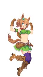 Rule 34 | 1girl, animal ears, armpits, arms up, bad link, bare shoulders, blue eyes, boots, breasts, brown gloves, brown hair, cleavage, clenched hands, cowboy boots, cowboy hat, full body, game model, gloves, green shirt, gun, handgun, hat, highres, horse ears, horse girl, horse tail, large breasts, looking at viewer, midriff, navel, off-shoulder shirt, off shoulder, official art, open mouth, ponytail, purple thighhighs, revolver, scarf, shirt, smile, solo, standing, star (symbol), tachi-e, taiki shuttle (umamusume), tail, teeth, thighhighs, thighhighs under boots, transparent background, umamusume, upper teeth only, weapon