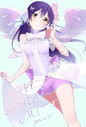 Rule 34 | 1girl, angel wings, arm up, bare shoulders, birthday, blue hair, blush, butterfly hair ornament, character name, commentary request, cowboy shot, dated, feathered wings, flower, hair between eyes, hair flower, hair ornament, happy birthday, highres, holding, long hair, looking at viewer, love live!, love live! school idol festival, love live! school idol project, microphone, sesese (iywsrh), shorts, simple background, sleeveless, smile, solo, sonoda umi, white wings, wings, x hair ornament, yellow eyes