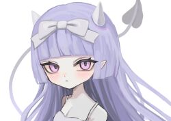 Rule 34 | 1girl, bare shoulders, blunt bangs, bow, breasts, cleavage, closed mouth, demon girl, demon horns, demon tail, hair bow, highres, horns, long hair, looking at viewer, original, purple eyes, purple hair, shiona (siona0625), simple background, solo, tail, upper body, white background, white bow
