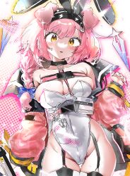 Rule 34 | 1girl, absurdres, adapted costume, animal ears, arknights, bare shoulders, black hairband, blue bow, bow, braid, breasts, cat ears, cleavage, coat, cowboy shot, fake animal ears, garter straps, goldenglow (arknights), hair bow, hairband, highres, large breasts, leotard, lightning bolt print, long hair, long sleeves, looking at viewer, off shoulder, open clothes, open coat, parted lips, pink coat, pink hair, rabbit ears, scissors, single braid, solo, strapless, strapless leotard, tekona0, thigh gap, thighhighs, white leotard, white thighhighs, yellow eyes