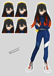 Rule 34 | 1girl, belt, black hair, blue jacket, blue pants, buttons, carmine (pokemon), closed mouth, commentary request, creatures (company), crossed arms, expressions, fanny pack, game freak, grey background, hair between eyes, hairband, highres, jacket, long hair, long sleeves, looking at viewer, multiple views, nintendo, outline, pants, pokemon, pokemon sv, shoes, signature, smile, standing, tau (tau 1111), yellow bag, yellow eyes, yellow hairband