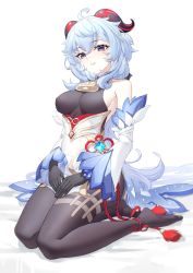 Rule 34 | 1girl, ahoge, bare shoulders, bell, black gloves, black legwear, blue hair, blush, breasts, chinese knot, detached sleeves, flower knot, ganyu (genshin impact), genshin impact, gloves, gold trim, hand on own leg, highres, horns, lap pillow, legs together, long hair, looking at viewer, medium breasts, neck bell, no shoes, parted lips, purple eyes, red rope, rope, sideboob, sidelocks, sitting, smile, solo, tassel, thighlet, thighs, vision (genshin impact), waist cape, wariza, white background, white sleeves, yang lizi