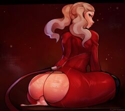 Rule 34 | 1girl, absurdres, aftersex, artist name, ass, ass focus, blonde hair, blue eyes, blush, bodysuit, cum, cum on floor, cum overflow, fluffydango, from behind, full-length zipper, heart, highres, long hair, looking at viewer, looking back, mole, mole on ass, persona, persona 5, red bodysuit, smile, solo, sweat, takamaki anne, torn bodysuit, torn clothes, twintails, zipper