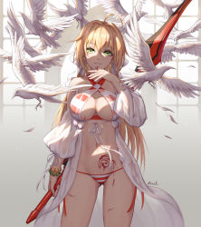 Rule 34 | 1girl, bikini, bird, blonde hair, blood, bracelet, breasts, cleavage, fate/grand order, fate (series), green eyes, grin, hair intakes, holding, holding sword, holding weapon, jewelry, large breasts, long hair, looking at viewer, mool yueguang, navel, nero claudius (fate), nero claudius (fate) (all), nero claudius (swimsuit caster) (fate), nero claudius (swimsuit caster) (third ascension) (fate), smile, solo, standing, striped bikini, striped clothes, swimsuit, sword, weapon, white bird